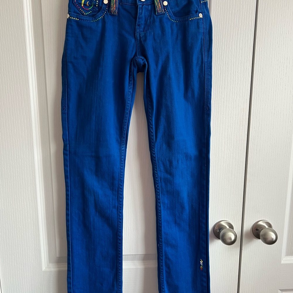 COOGI Electric Blue Jeans with Multicolor Embroidery